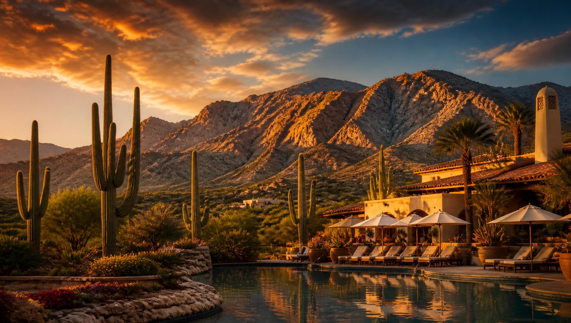 Sunset over the Santa Catalina Mountains behind a Sonoran desert resort in Oro Valley, Arizona
